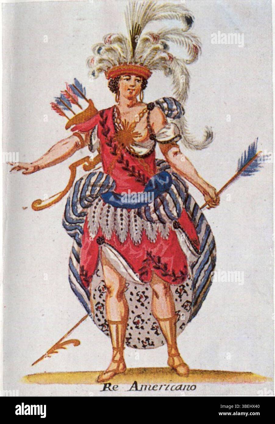 Questo costume disegnato da Christian Gottlob Fechhelm (1732-1816) è per il personaggio di Montezuma nell'opera *Montezuma* del 1755, composta da Carl Heinrich Graun. L'opera, su libretto di Federico II di Prussia, drammatizza l'incontro del 1519 tra l'imperatore azteco Montezuma II e il conquistador spagnolo Hernán Cortés, che portò alla caduta dell'impero azteco nel 1521. Foto Stock