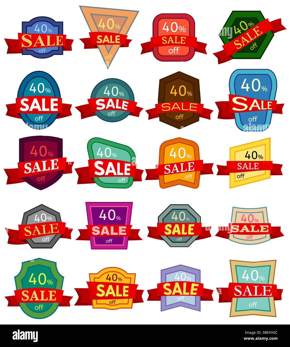 Set di venti adesivi sconto. Distintivi colorati con nastro rosso in vendita sconto del 40%. Illustrazione vettoriale. Illustrazione Vettoriale