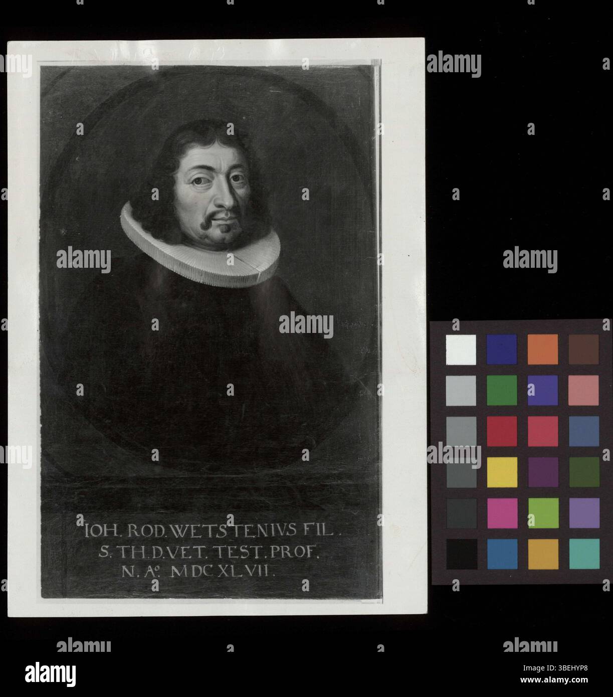 Questa fotografia in bianco e nero cattura un dipinto di Johann Rodolph Wettstein, risalente tra il 1670 e il 1711, che mostra una figura storica in una rappresentazione artistica. Foto Stock