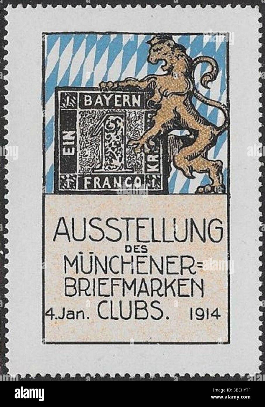 Questo annuncio del 1914 faceva parte di una mostra del Münchener Briefmarkenclub. Il materiale promozionale è stato collegato a un evento di raccolta di francobolli, volto a mostrare francobolli e a sensibilizzare la cultura filatelica. Foto Stock