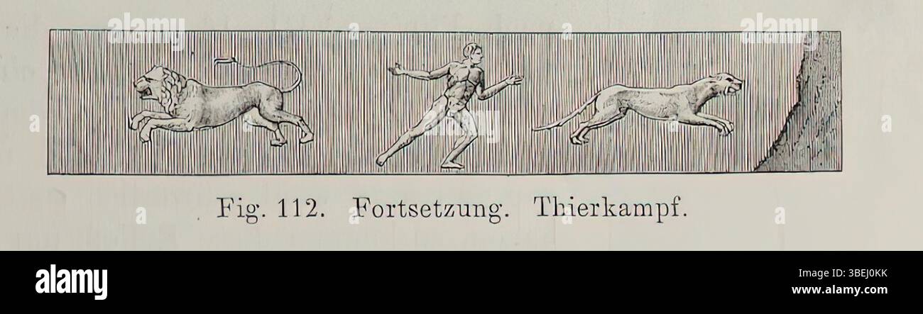Questa illustrazione di Johannes Overbeck e August Mau del 1884, "Bestiarii dall'anfiteatro di Pompei", raffigura gladiatori che combattono bestie selvatiche nell'anfiteatro. La scena rappresenta i violenti spettacoli pubblici tenuti in epoca romana per intrattenimento. Foto Stock