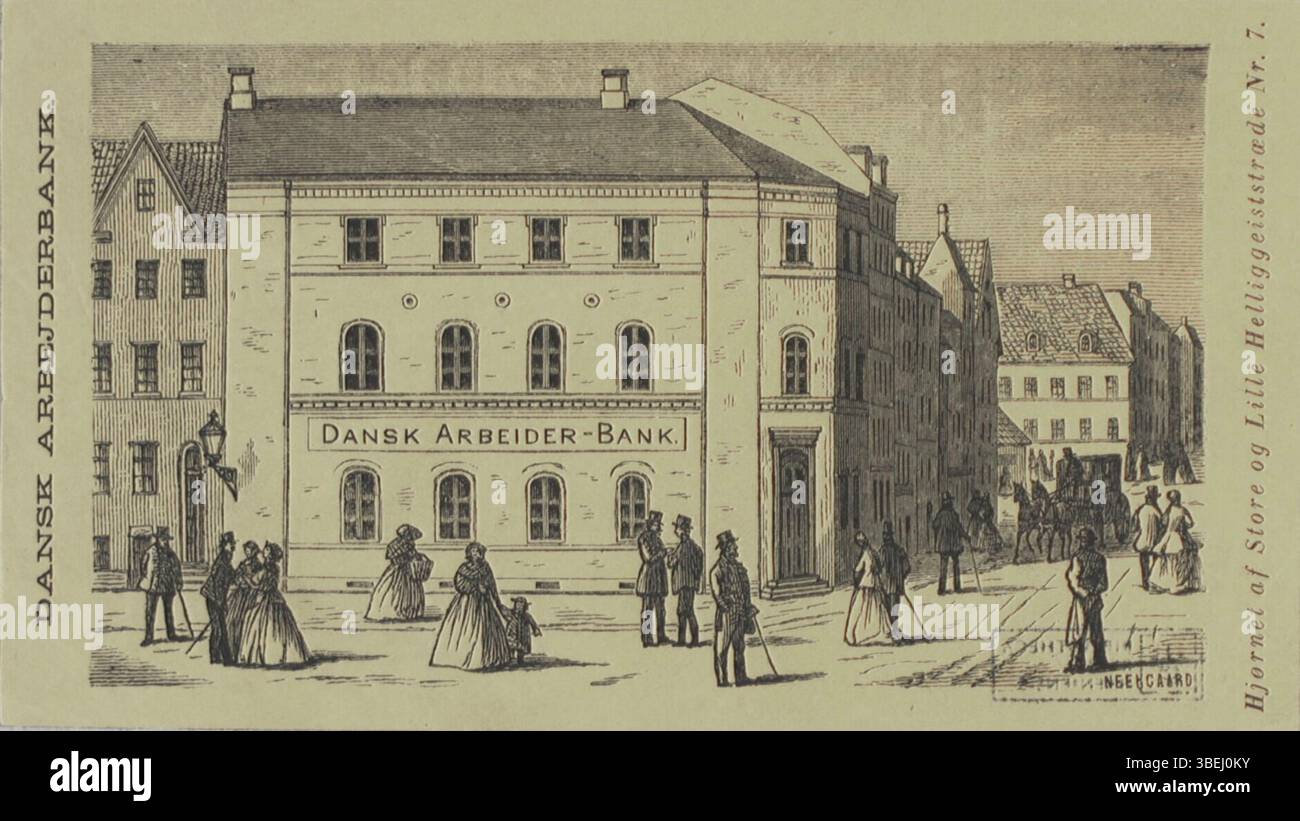 Immagine di Dansk Arbeiderbank situata all'angolo tra Store e Lille Helliggeiststræde No. 7, illustrata da Robert Neergaard (1840-1912). L'opera d'arte rappresenta l'architettura urbana e le istituzioni bancarie. Foto Stock