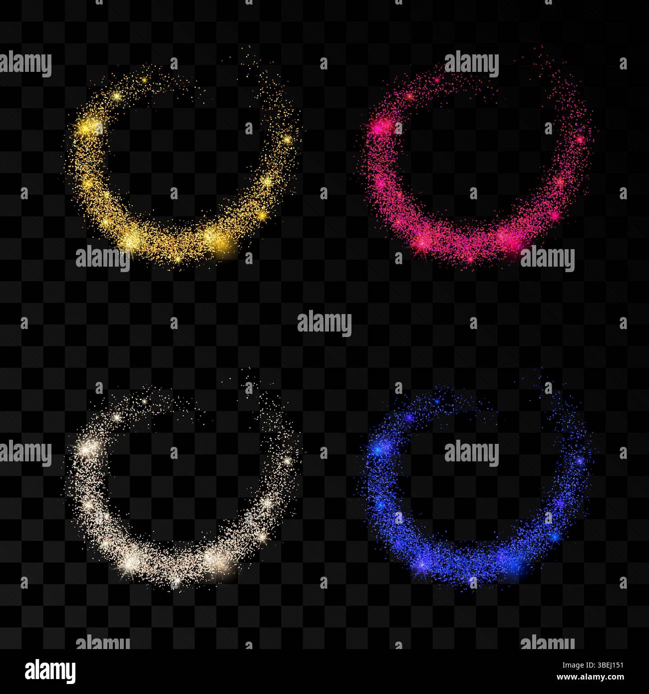 Set di quattro onde luminose con effetti glitter oro, argento, rosso e blu su sfondo scuro trasparente. Linee di turbolenza astratte. Illustrazione vettoriale Illustrazione Vettoriale