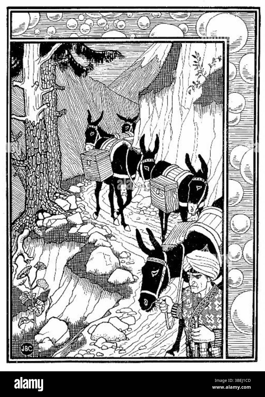 L'illustrazione del 1896 di Joseph Benwell Clark mostra una scena con asini, spesso utilizzati nel trasporto attraverso le regioni desertiche. L'immagine sottolinea il ruolo degli animali nel trasporto di merci in contesti storici, in particolare in Medio Oriente. Foto Stock