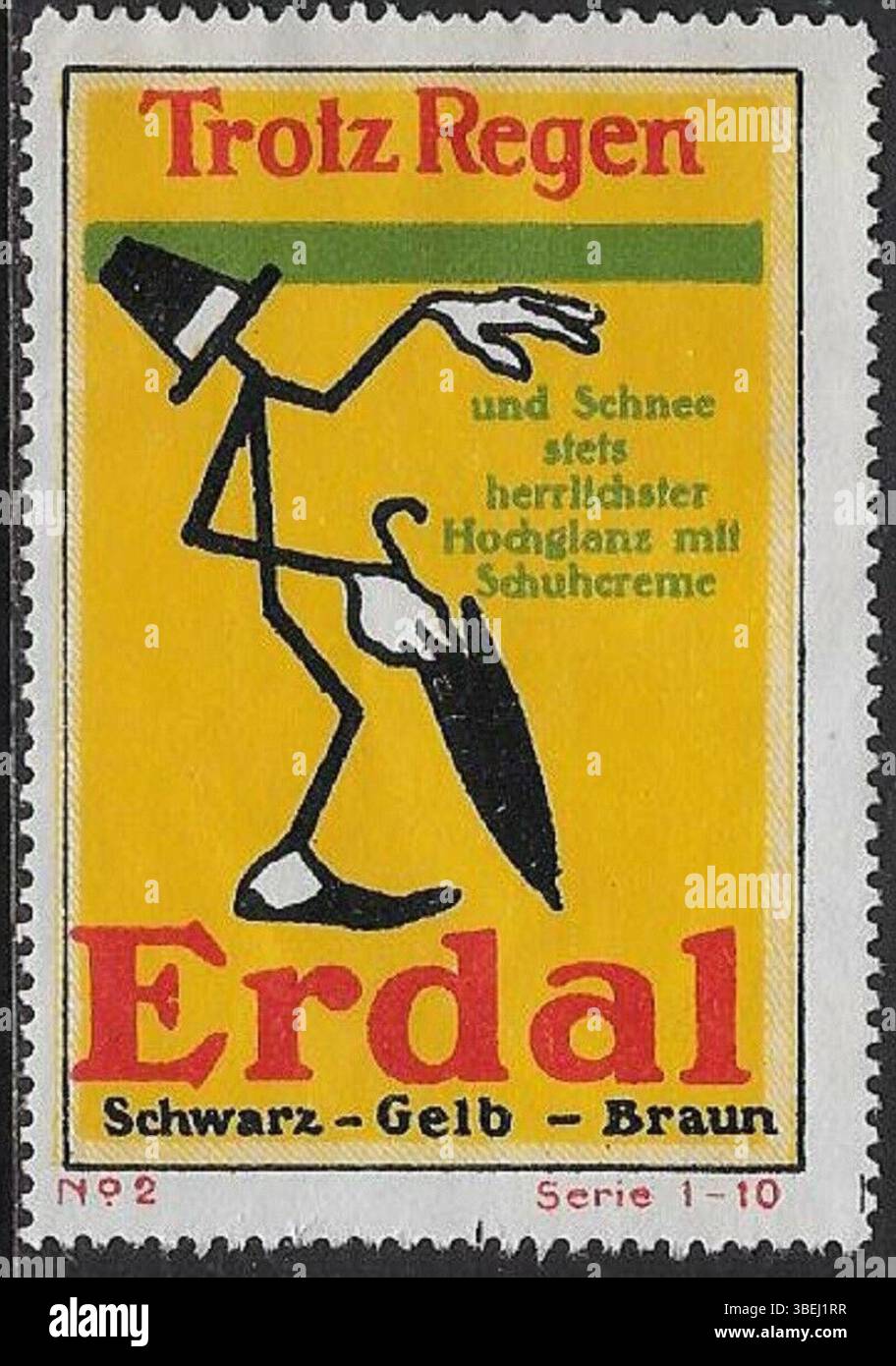"Erdal - Trotz Regen" è un annuncio pubblicitario del 1914 di Erdal, che raffigura la resilienza di fronte alla pioggia. Questo annuncio faceva parte dei primi sforzi di marketing del marchio, mostrando l'affidabilità del prodotto nonostante le condizioni avverse. Foto Stock