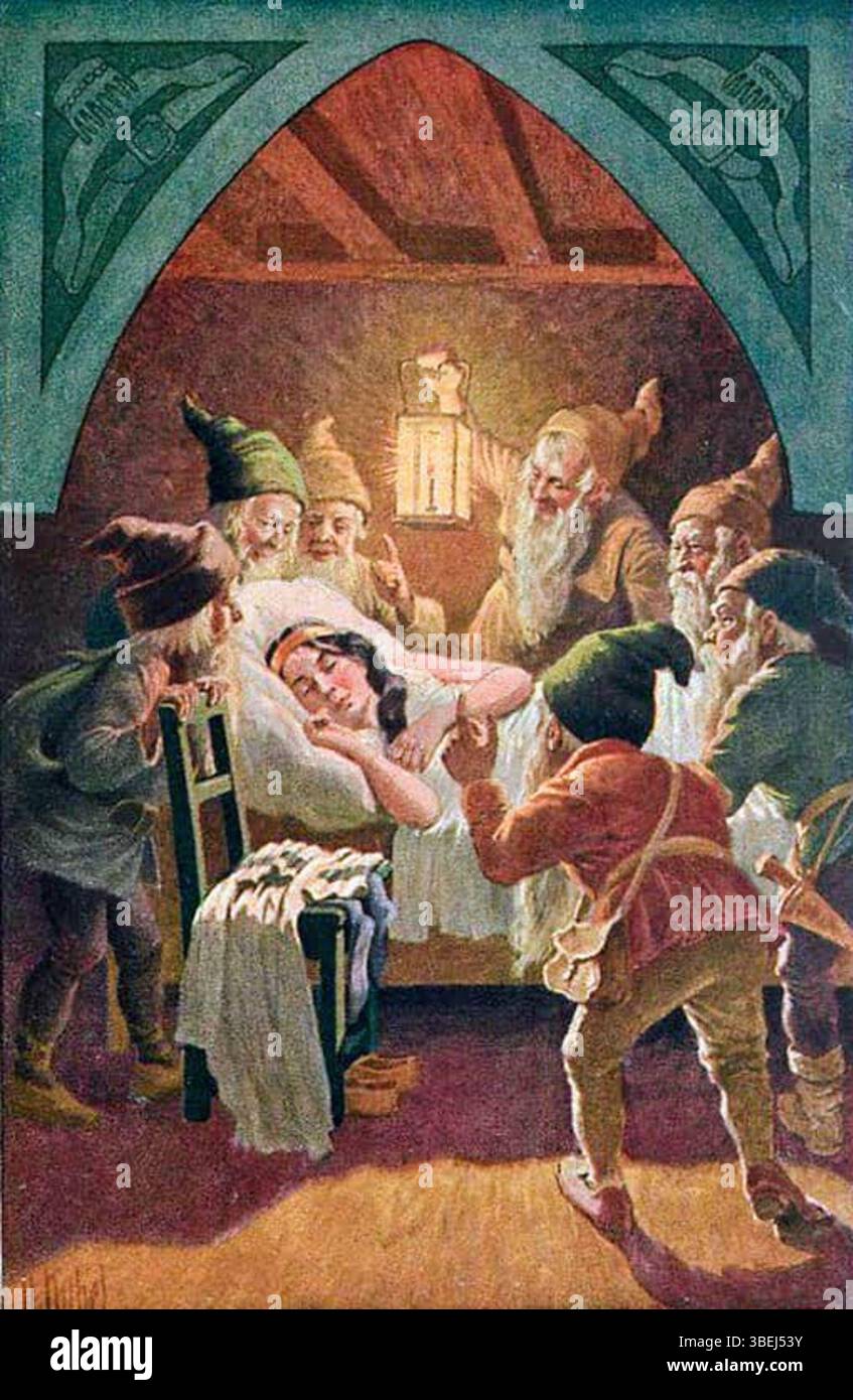 Questa illustrazione di Biancaneve, dalla fiaba dei Fratelli Grimm, è stata creata da otto Kubel (1868-1951). Il pezzo fa parte del suo lavoro sulle fiabe ed è stato pubblicato all'inizio del XX secolo. Foto Stock