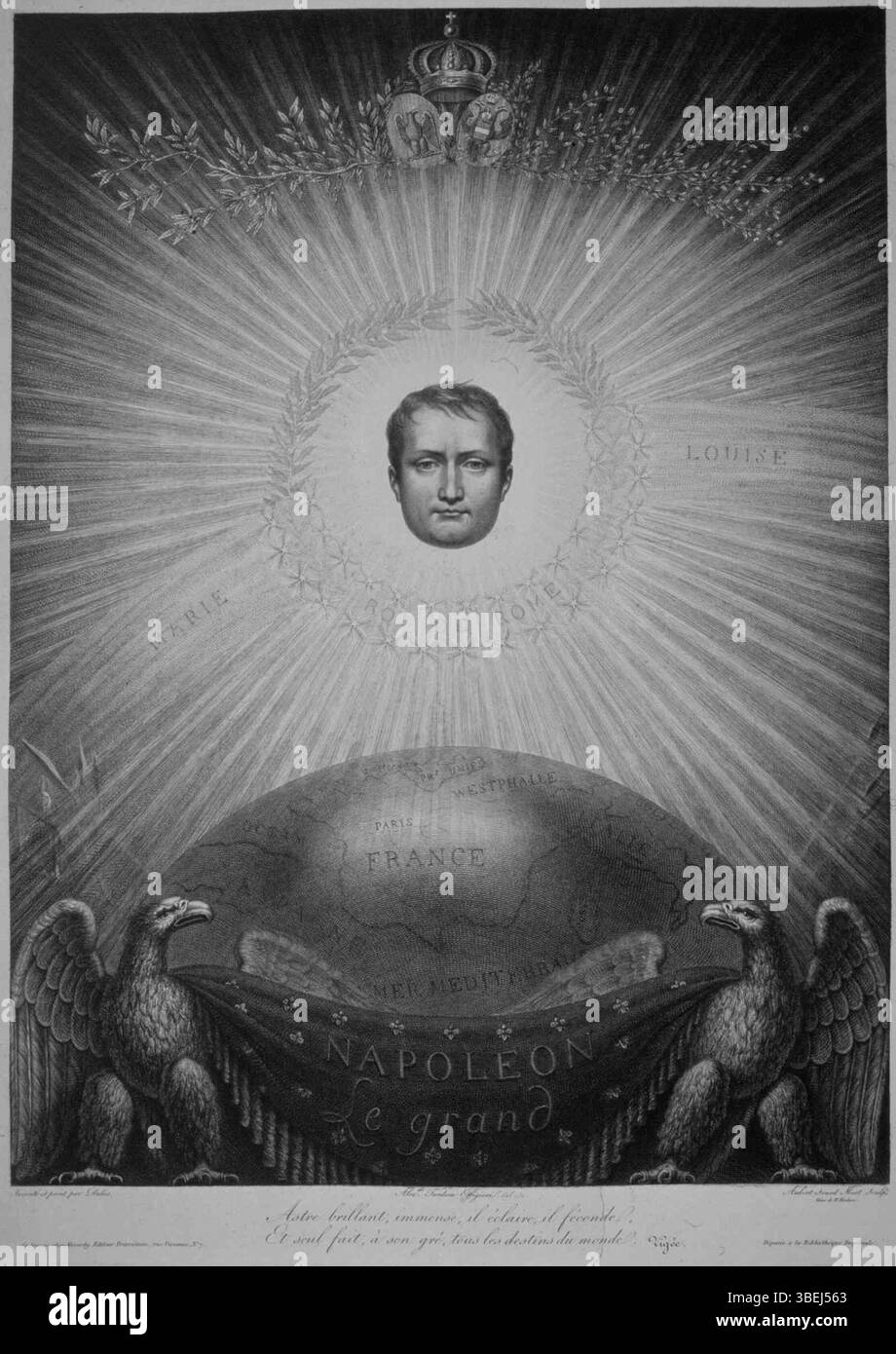 Questa opera d'arte allegorica del XIX secolo raffigura Napoleone simbolicamente ritratto come il sovrano del mondo, enfatizzando i temi del potere e del dominio globale. Foto Stock