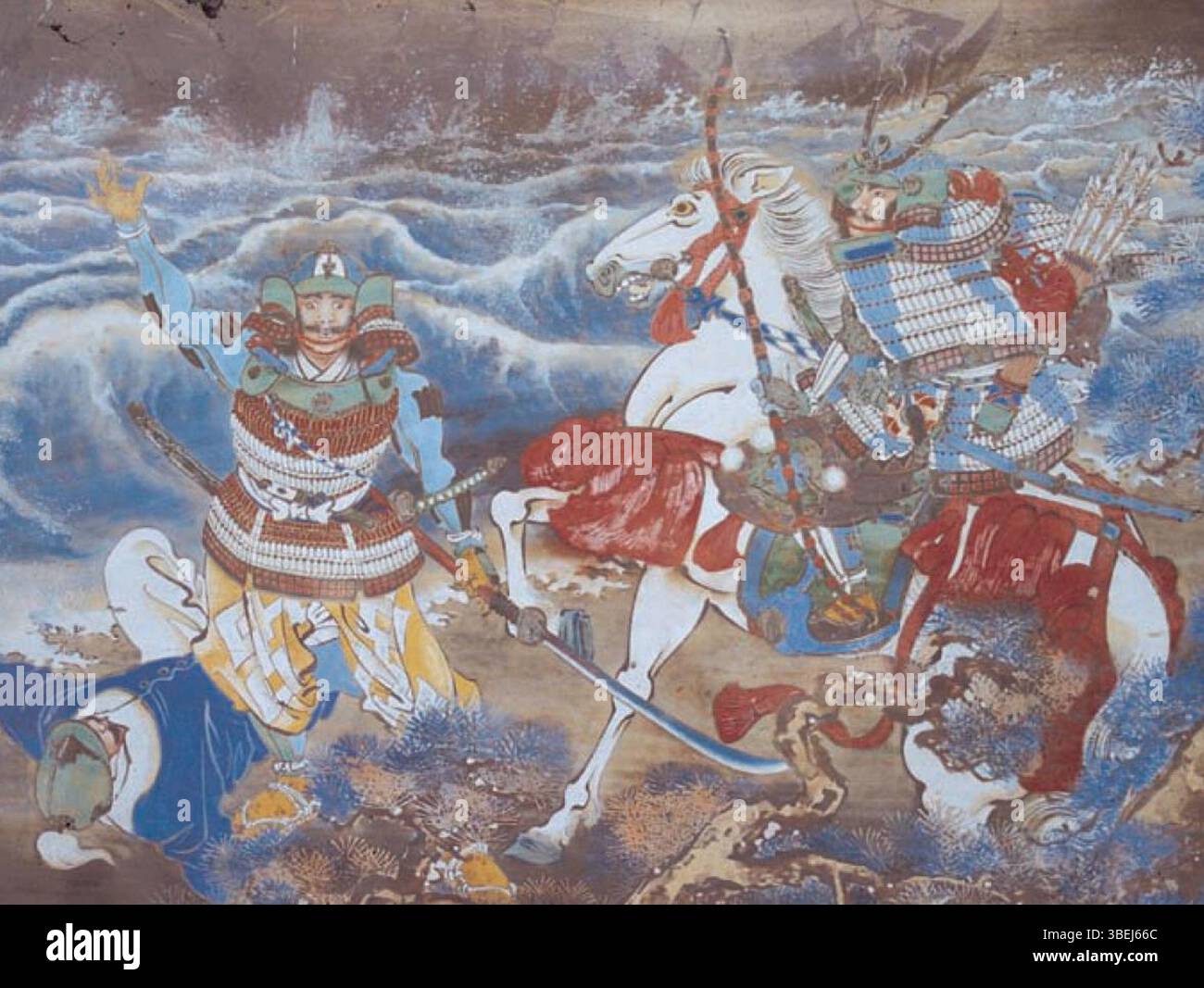 Questa immagine votiva, raffigurante due samurai con un mongolo morto ai loro piedi, è ospitata presso il santuario Komoda di Sasuura su Tsushima. Ricorda un evento significativo durante le invasioni mongole del Giappone nel XIII secolo. Foto Stock