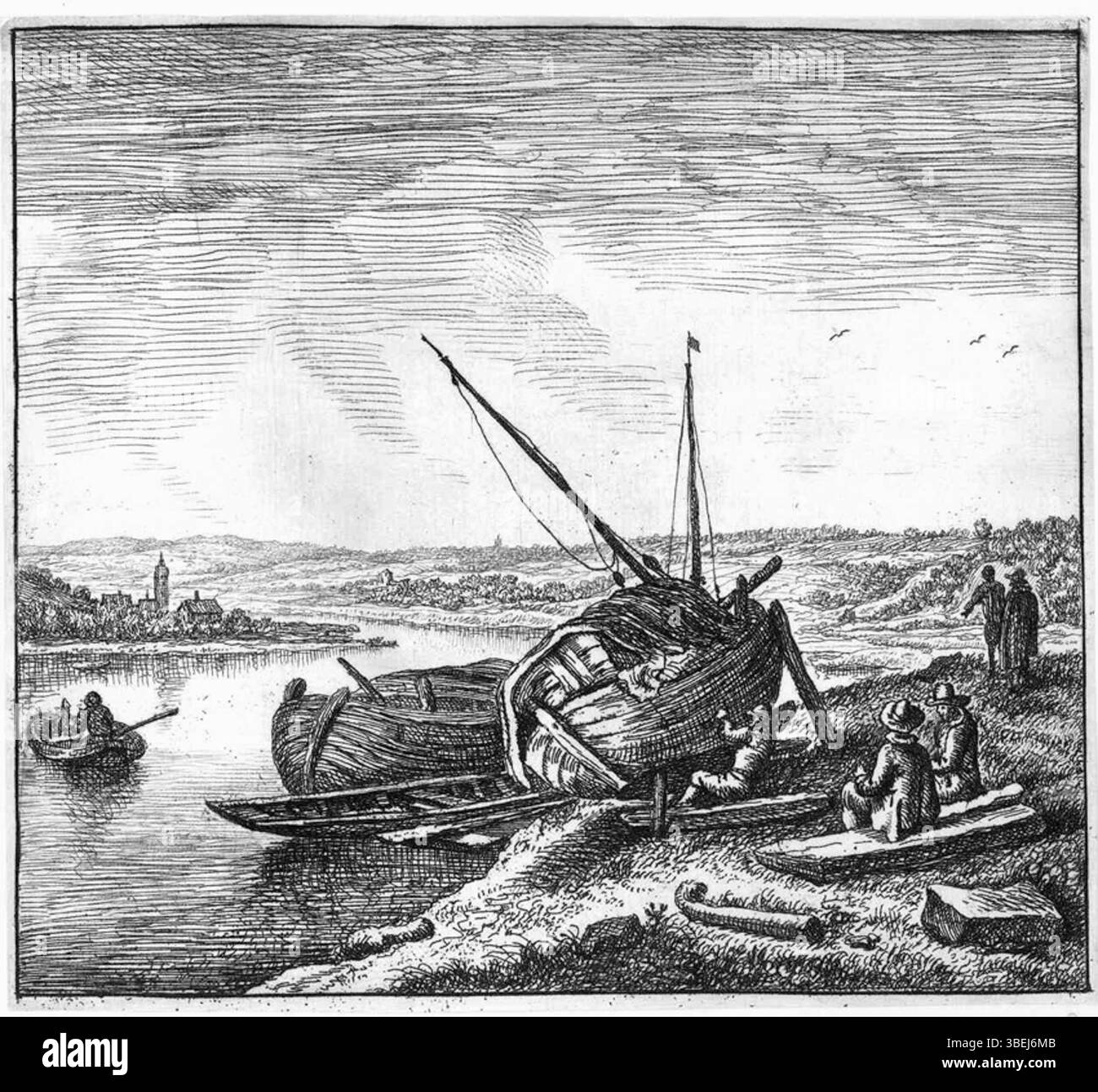 L'opera d'arte di Jan Van Almeloveen cattura una vista del fiume Reno con navi in fase di riparazione in primo piano. Questo lavoro della fine del XVII secolo riflette la vita quotidiana e l'attività marittima lungo il fiume, mostrando l'industria che un tempo prosperava lì. Foto Stock