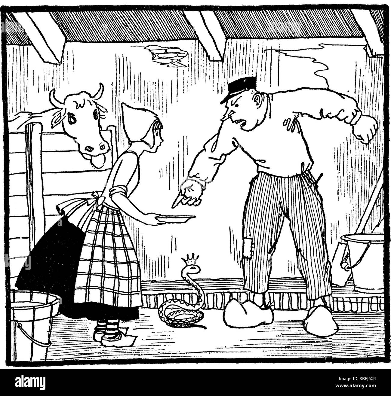 L'illustrazione di Freddie Langeler per *Het adderkroontje* (la corona del serpente) di *Sprookjes van Bechstein* riprende in vita i personaggi e i temi della storia. Le opere d'arte di Langeler narrano visivamente gli eventi magici e misteriosi, mostrando il suo caratteristico stile illustrativo. Foto Stock