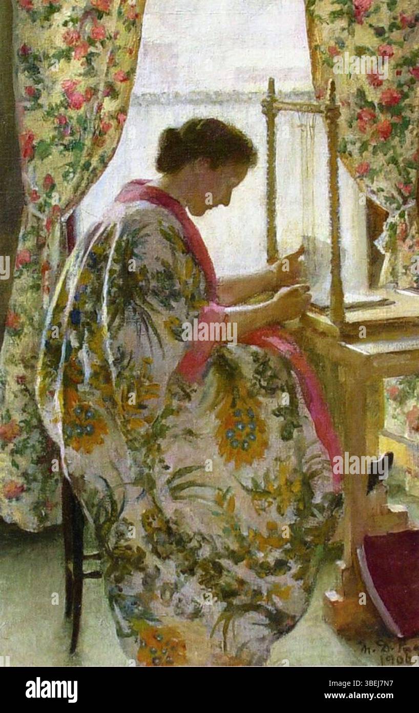 Marie Danforth Page è stata un'artista americana (1869-1940). Il dipinto intitolato 'Book Binder' del 1906 è un olio su tela, misura 63,5 x 40,64 cm. Il lavoro mostra l'abilità di Page nel catturare i soggetti di tutti i giorni con dettagli raffinati. Fa parte di una collezione privata. Foto Stock
