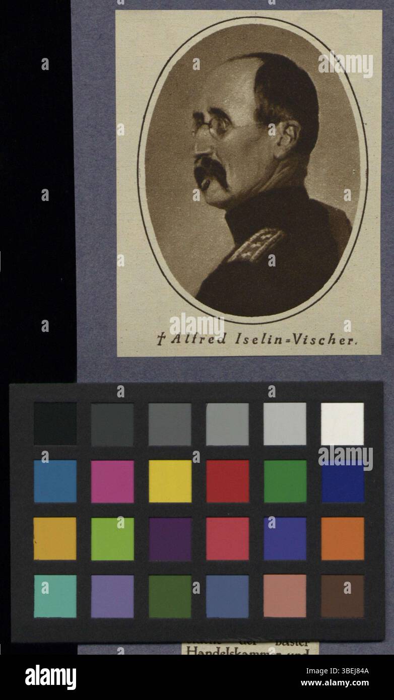 Una riproduzione fotografica in bianco e nero di un ritratto di Alfred Iselin-Vischer, creato tra il 1904 e il 1924. La foto cattura una figura storica dell'inizio del XX secolo. Foto Stock