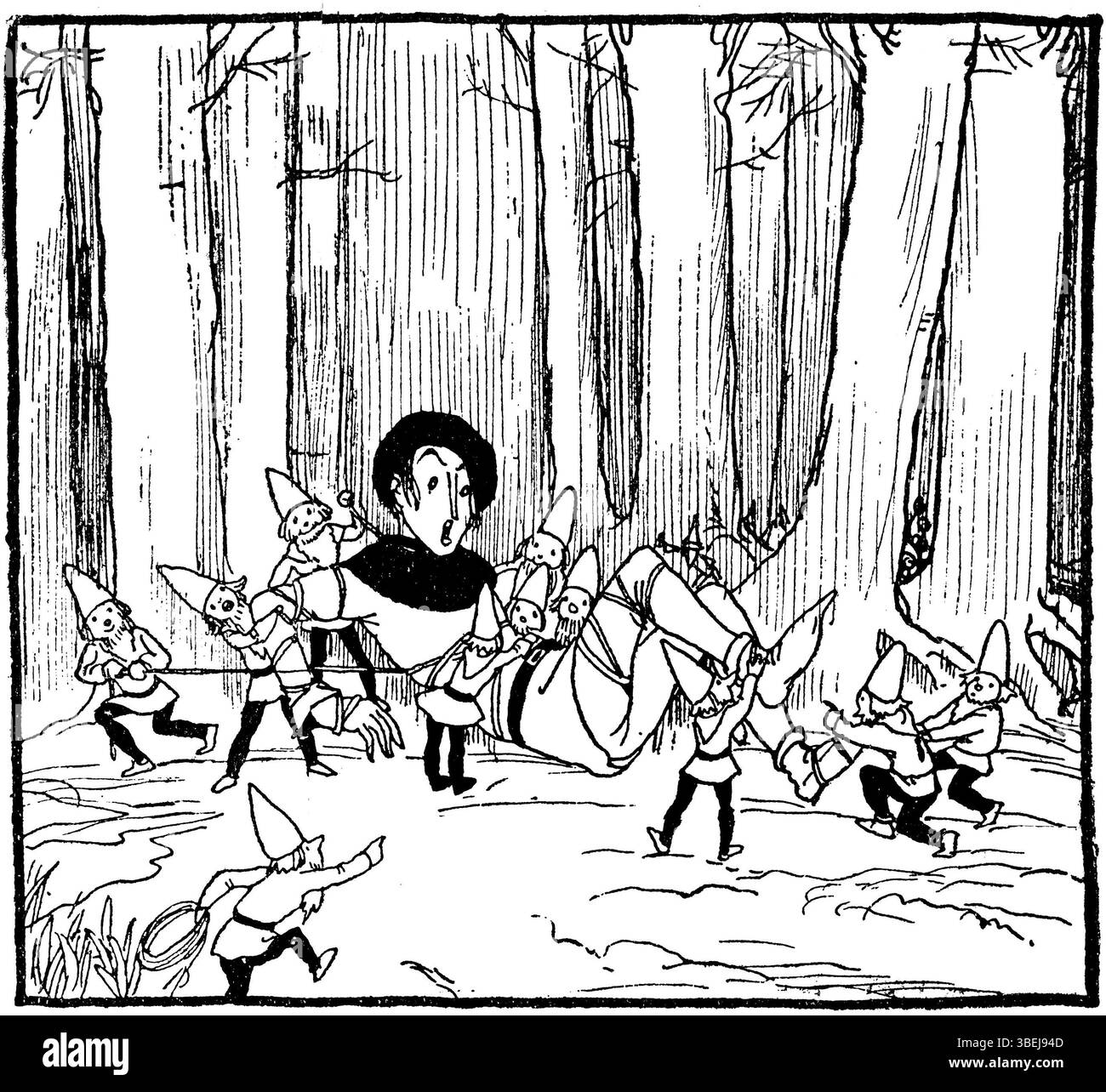 L'illustrazione di Freddie Langeler per *t Dwergenmutsje* (cappello dei nani) di *Sprookjes van Bechstein* illustra una storia magica con caratteri distintivi. L'opera riflette la capacità di Langeler di dare vita ai racconti fantasy attraverso le sue illustrazioni fantasiose e colorate. Foto Stock