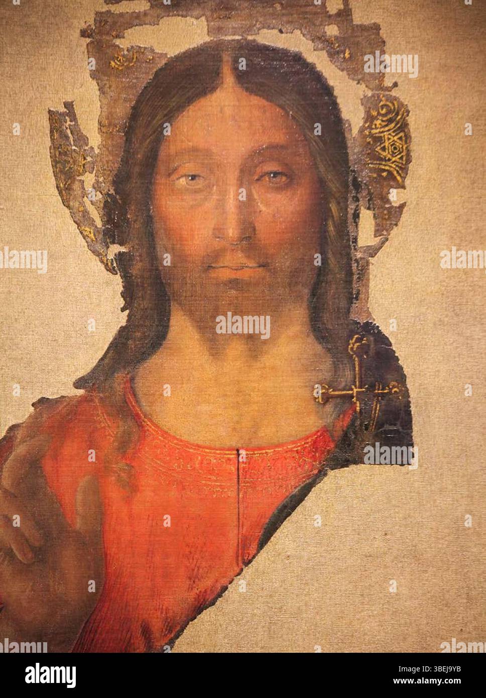 "Salvator Mundi" di Melozzo da Forlì, dipinto intorno al 1480-82, raffigura Cristo in un classico stile rinascimentale. L'opera a olio su tavola è ospitata nella Galleria Nazionale delle Marche di Urbino e mostra la maestria dell'artista nel ritrarre figure religiose. Foto Stock