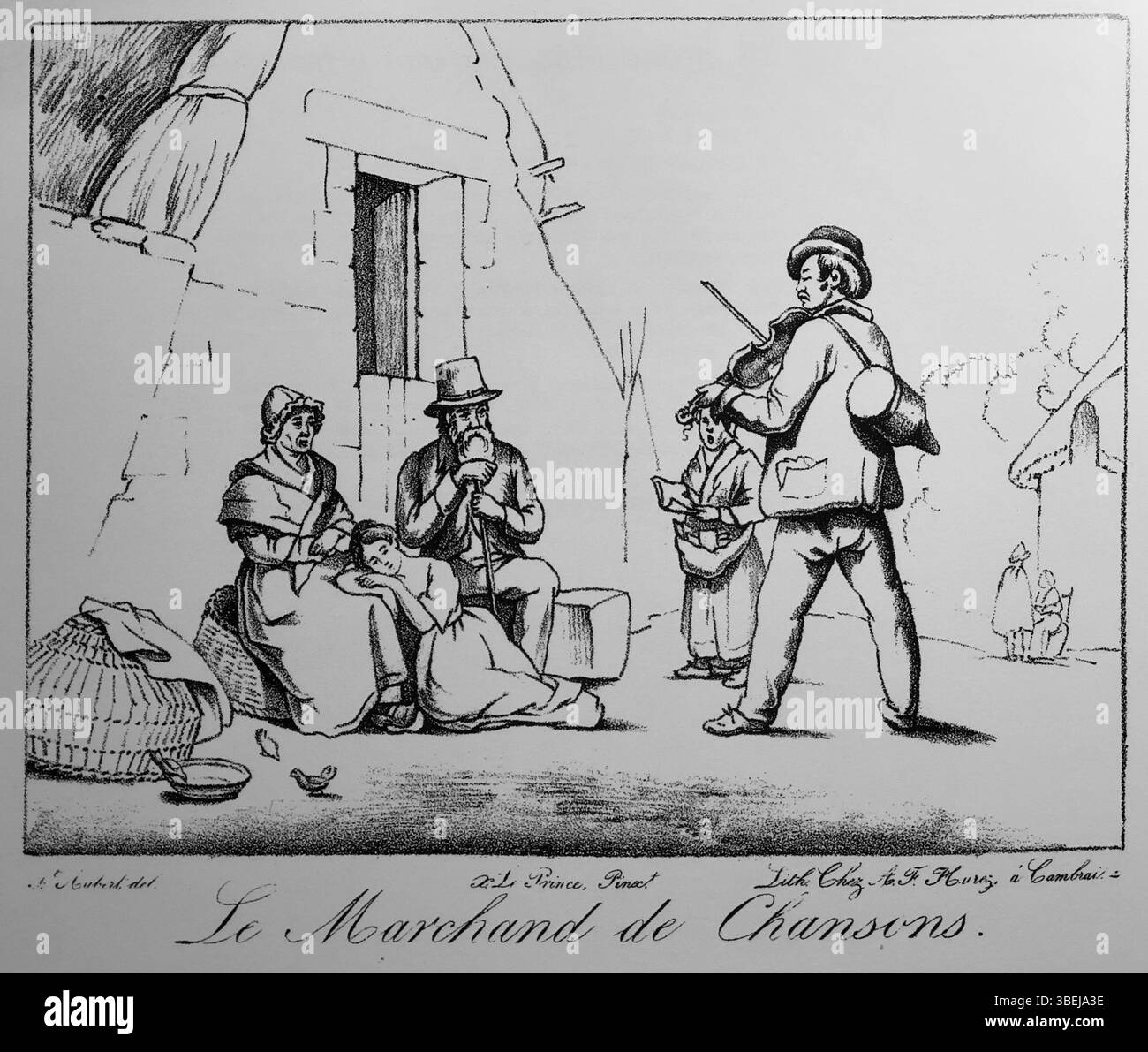 Questa litografia del 1825 di Auguste-Xavier Leprince ritrae un venditore di strada francese, il "Marchand de Chansons", una figura popolare nelle strade parigine del XIX secolo. La litografia cattura il venditore che vende canzoni, una pratica comune del tempo. Foto Stock