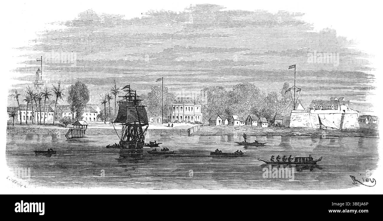 Vista anticipata del porto di Paramaribo, del porto o del porto sul fiume Suriname Suriname Sud America. Illustrazione o incisione vintage o storica 1866 Foto Stock