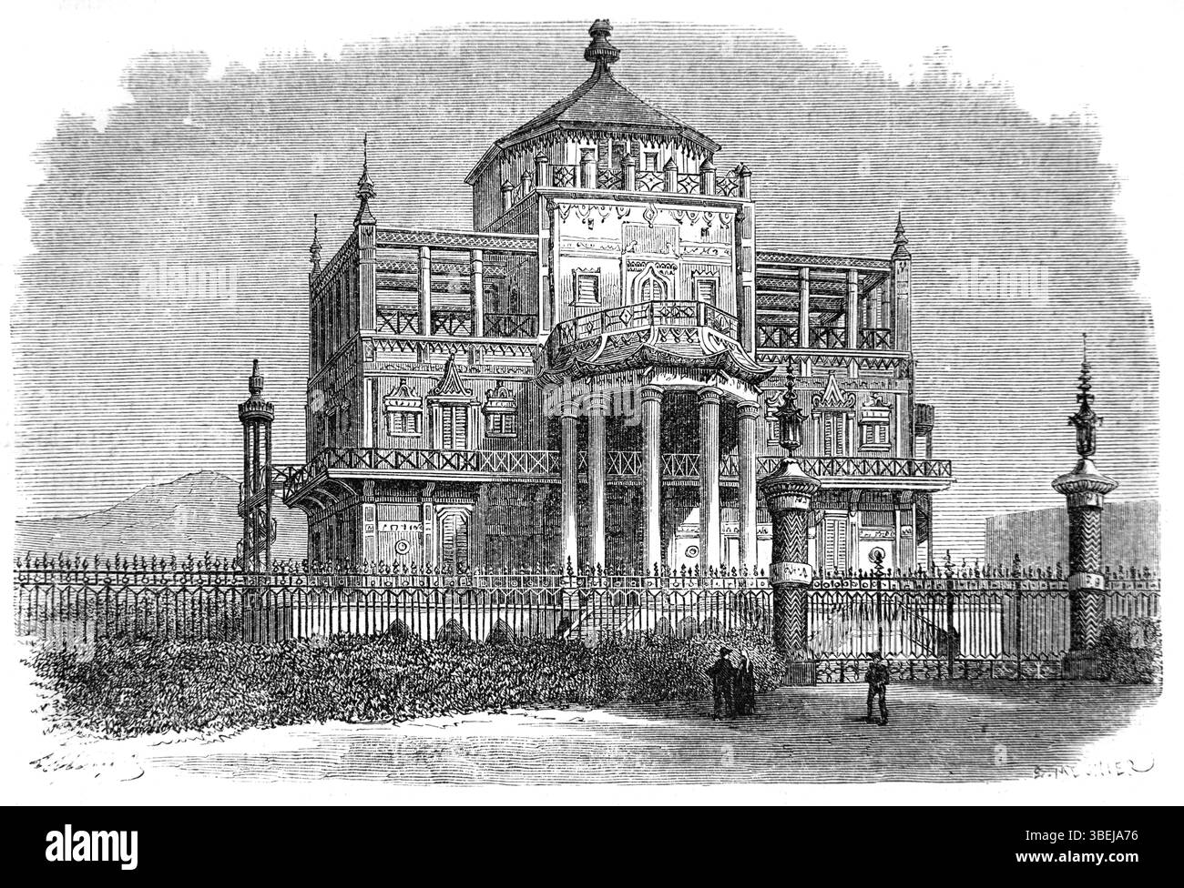 Palazzo Cinese (1799-1806), Palazzina Cinese o Real Casina alla Cinese, ex Palazzo reale o Residenza nel Parco della Favorita, alias Parco la Favorita o Real tenuta della Favorita, un Parco cittadino e riserva naturale a Palermo, Sicilia Italia. Incisione vintage o storica o illustrazione 1866 Foto Stock