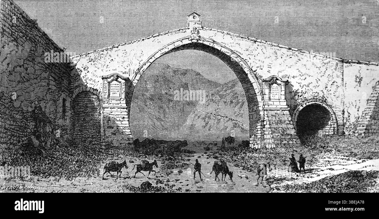Ponte storico, Ponte San Leonardo (1721) sul fiume San Leonardo, termini Imerese, Palermo, Sicilia, Italia. Incisione vintage o storica o illustrazione 1866 Foto Stock