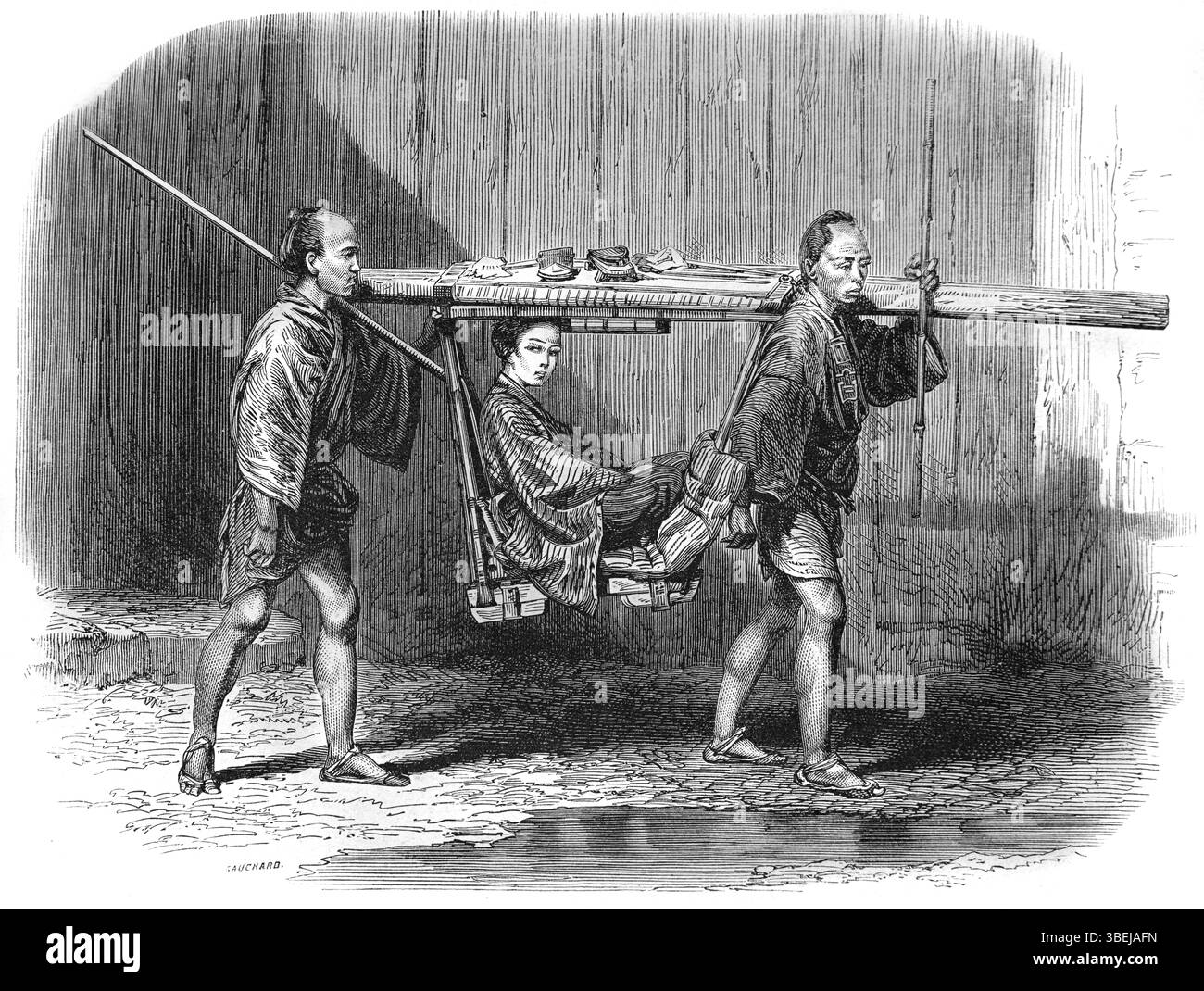 Donna giapponese che viaggia in Palanquin, lettiera o sedia berlina trasportata da due Porters giapponesi. Incisione vintage o storica o illustrazione 1866 Foto Stock