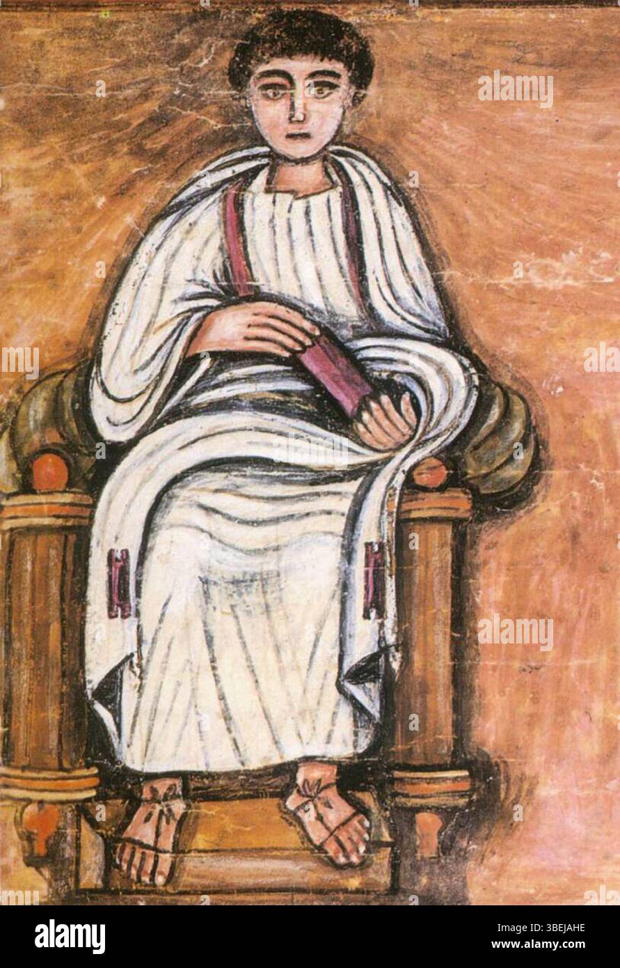 Un dettaglio ritagliato del Vergilio Romano, un manoscritto del V secolo che contiene opere di Virgilio. Questo codice miniato è un significativo artefatto della tradizione letteraria romana, conservato presso la Biblioteca Apostolica Vaticana. Foto Stock