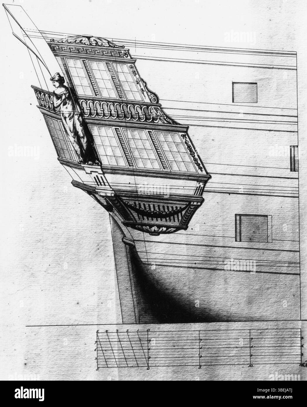 Questo disegno del XVIII secolo mostra la galleria laterale della "Prindsesse Wilhelmine Caroline", una nave reale costruita nel 1764. È conservato nel Museo Nazionale della Danimarca e offre uno sguardo sull'architettura delle navi reali durante quel periodo. Foto Stock