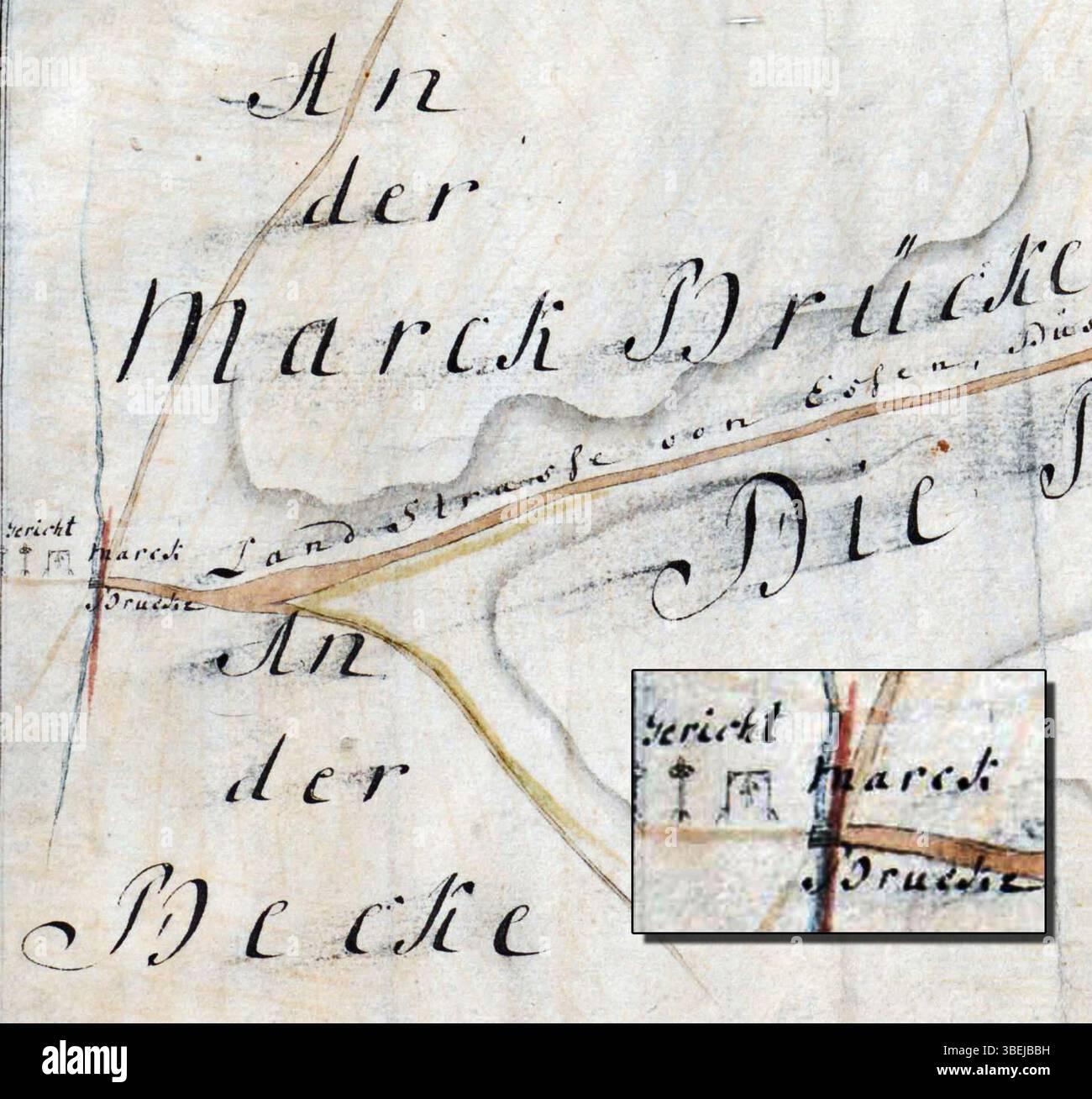 Questa mappa del 1755 di Meinicke evidenzia il Maarbrücke (un ponte) e Galgen (una forca) come luoghi chiave all'interno della giurisdizione di Bochum. Mostra importanti infrastrutture e monumenti storici dell'epoca. Foto Stock