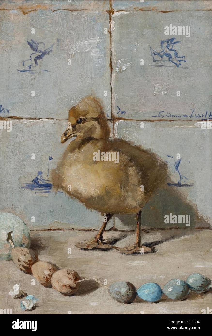 Questo dipinto ad olio intitolato *Het opgezette gansje* è stato creato da Lucie van Dam van Isselt tra il 1920 e il 1922. Il pezzo è stato esposto e venduto durante la sua mostra personale al Kunstzaal Pictura a l'Aia nel marzo 1922. Il dipinto presenta un'oca tassidermiata su un pannello di circa 35 x 24 cm. Foto Stock