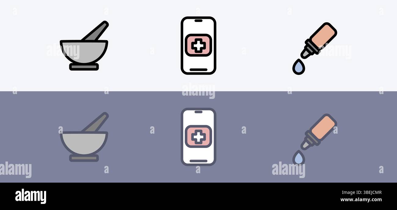 Set di simboli di farmacia e trattamento medico ospedaliero - informazioni smartphone e set di produzione medica. Illustrazione Vettoriale
