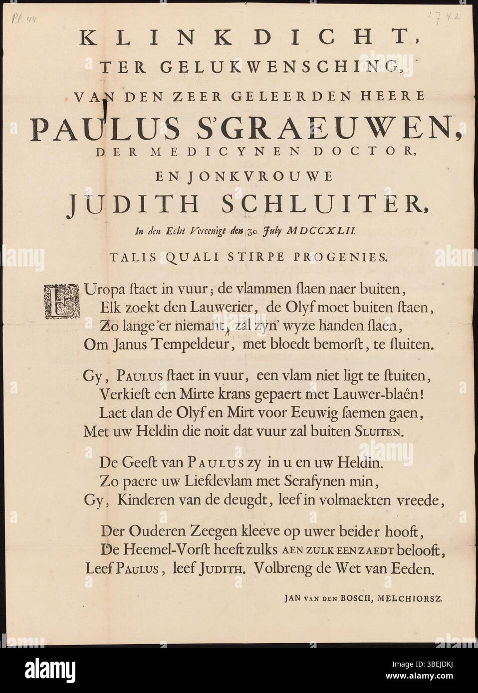 Questo poema del 1742 si congratula con il famoso medico Paulus S'Graeuwen e Judith Schluiter. Il lavoro, firmato da Jan van den Bosch, celebra la loro unione e la loro importanza accademica e sociale. Foto Stock