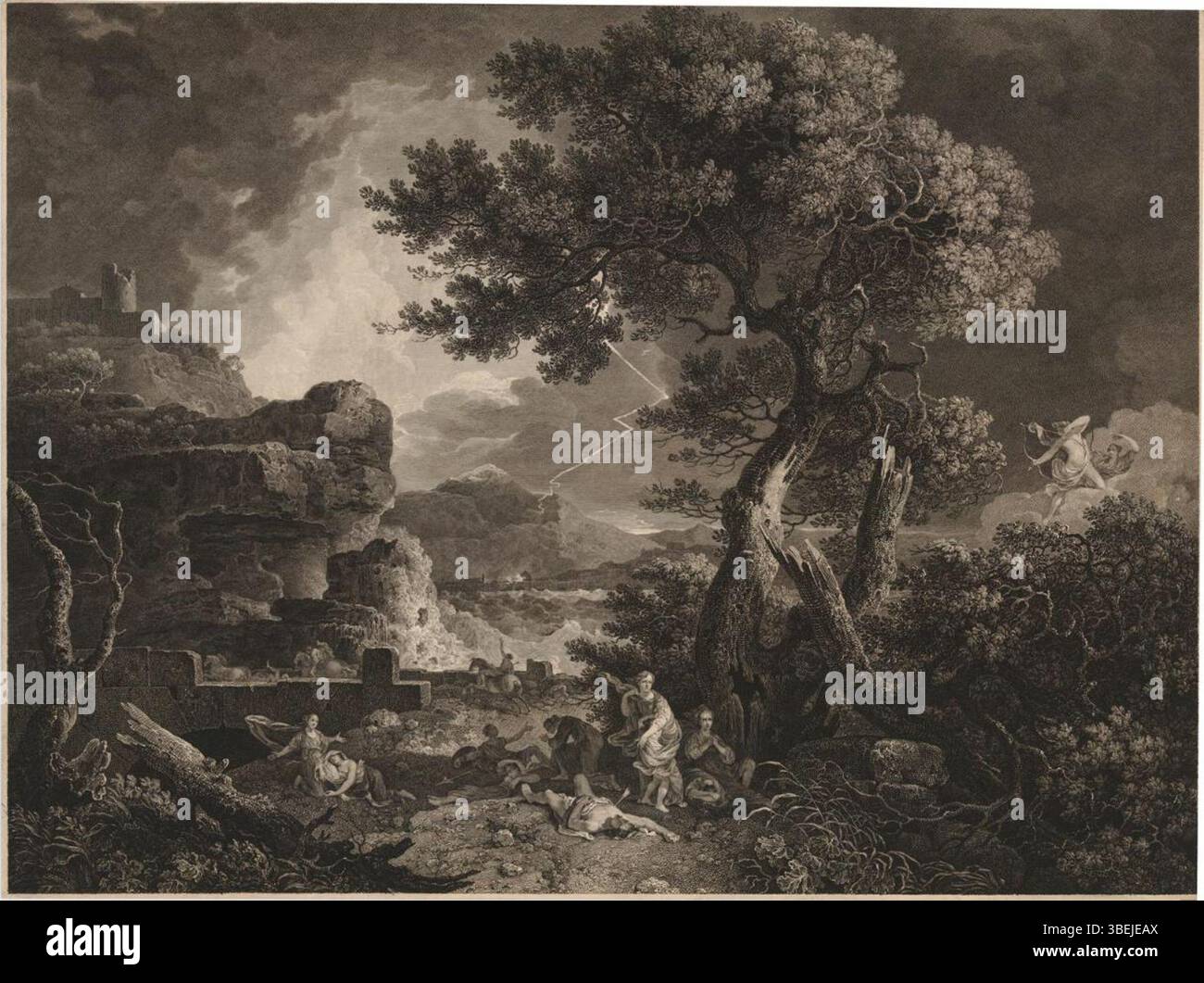 Questa incisione del 1761 di William Woollett, basata sul dipinto di Richard Wilson, raffigura il tragico mito dei figli di Niobe. Questo è il terzo stato dell'incisione, che offre una rappresentazione dettagliata e drammatica della storia. Foto Stock