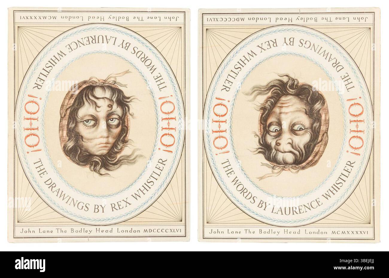 Il disegno di Rex Whistler del 1946 presenta un ambigramma intitolato¡OHO! e una faccia femminile reversibile. Quando ruotato di 180°, il volto della giovane donna si trasforma in quello di una nonna. Questa illusione ottica fa parte dell'esplorazione creativa di Whistler della simmetria e della percezione visiva, pubblicata nel libro "Certain two-face individuals now exposed" di The Bodley Head. Foto Stock