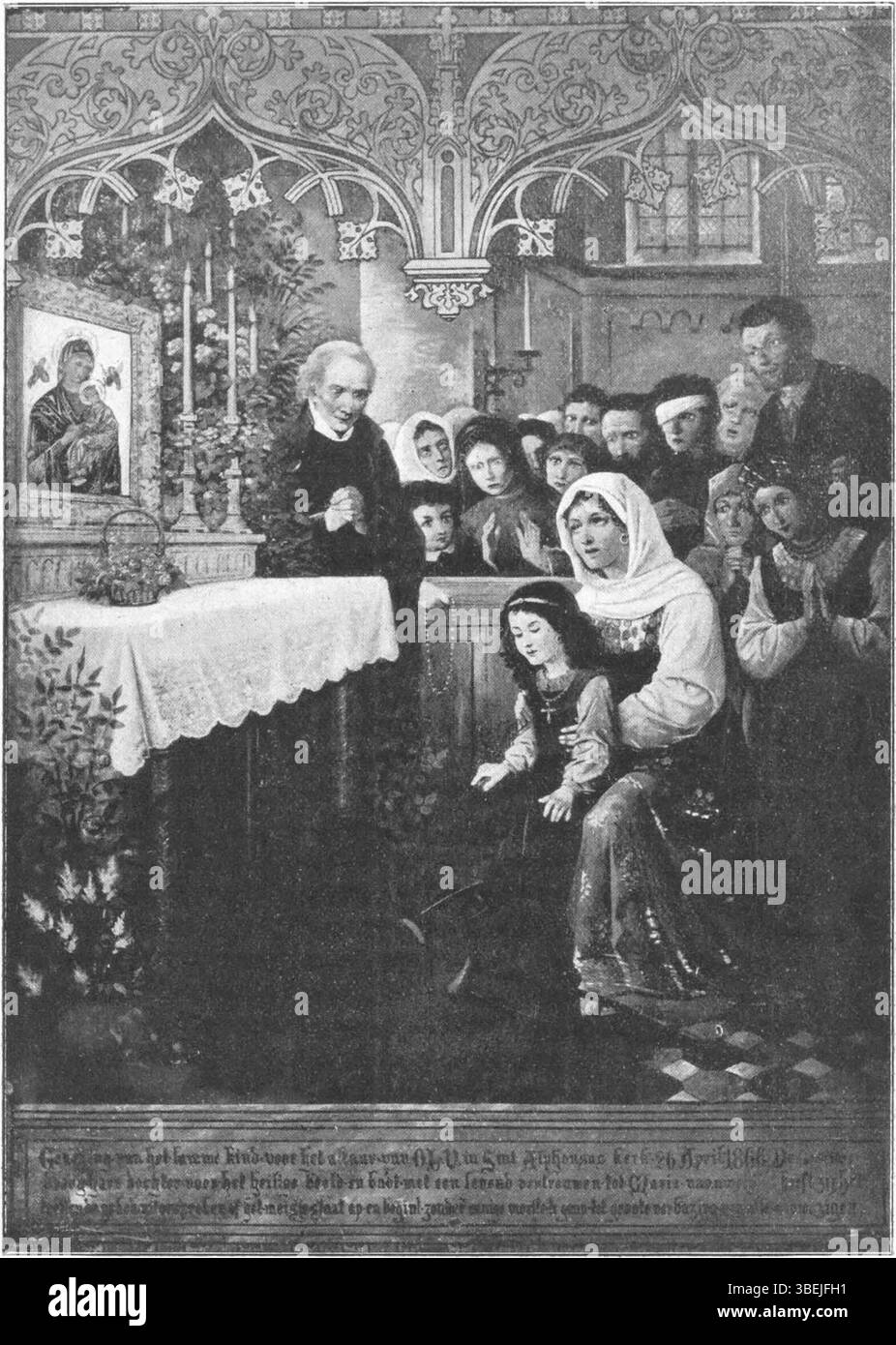 Un'illustrazione in *De Volks-Missionaris* (15 novembre 1916) di Theo van Doesburg raffigurante la guarigione di un bambino zoppo all'altare della Madonna dell'aiuto eterno, sottolineando temi di fede e miracoli. Foto Stock