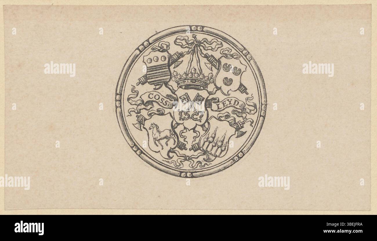 Questa immagine raffigura una medaglia raffigurante la città di Leida sul lato dritto, catalogata sotto BWB 683. La medaglia è un'opera anonima senza autore o data identificabili. Include testo stampato, ma manca di contenuto linguistico, indicando che può essere di natura simbolica o commemorativa. L'oggetto fa parte della collezione delle biblioteche dell'Università di Leida. Foto Stock