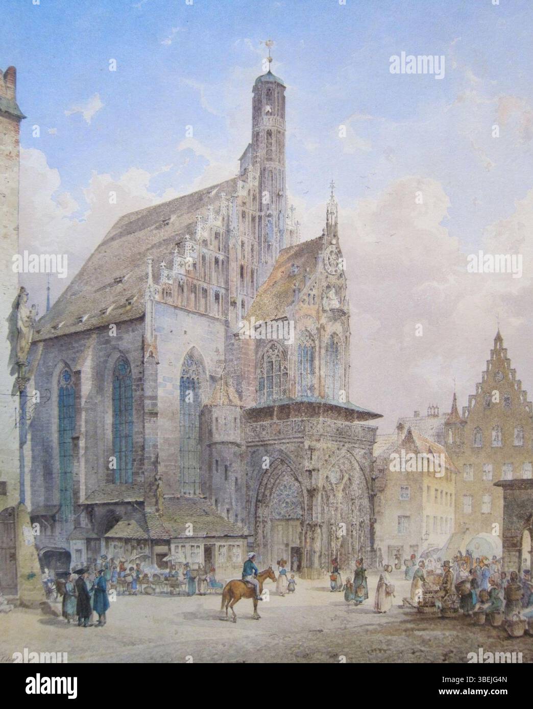 Questo acquerello di F. Eibner raffigura l'Hauptmarkt di Nürnberg con la Frauenkirche (chiesa di nostra Signora) come elemento centrale. La scena cattura una vista storica della piazza del mercato nel cuore della città, mostrando la sua bellezza architettonica. L'opera di Eibner riflette il patrimonio culturale della regione nel XIX secolo. Foto Stock