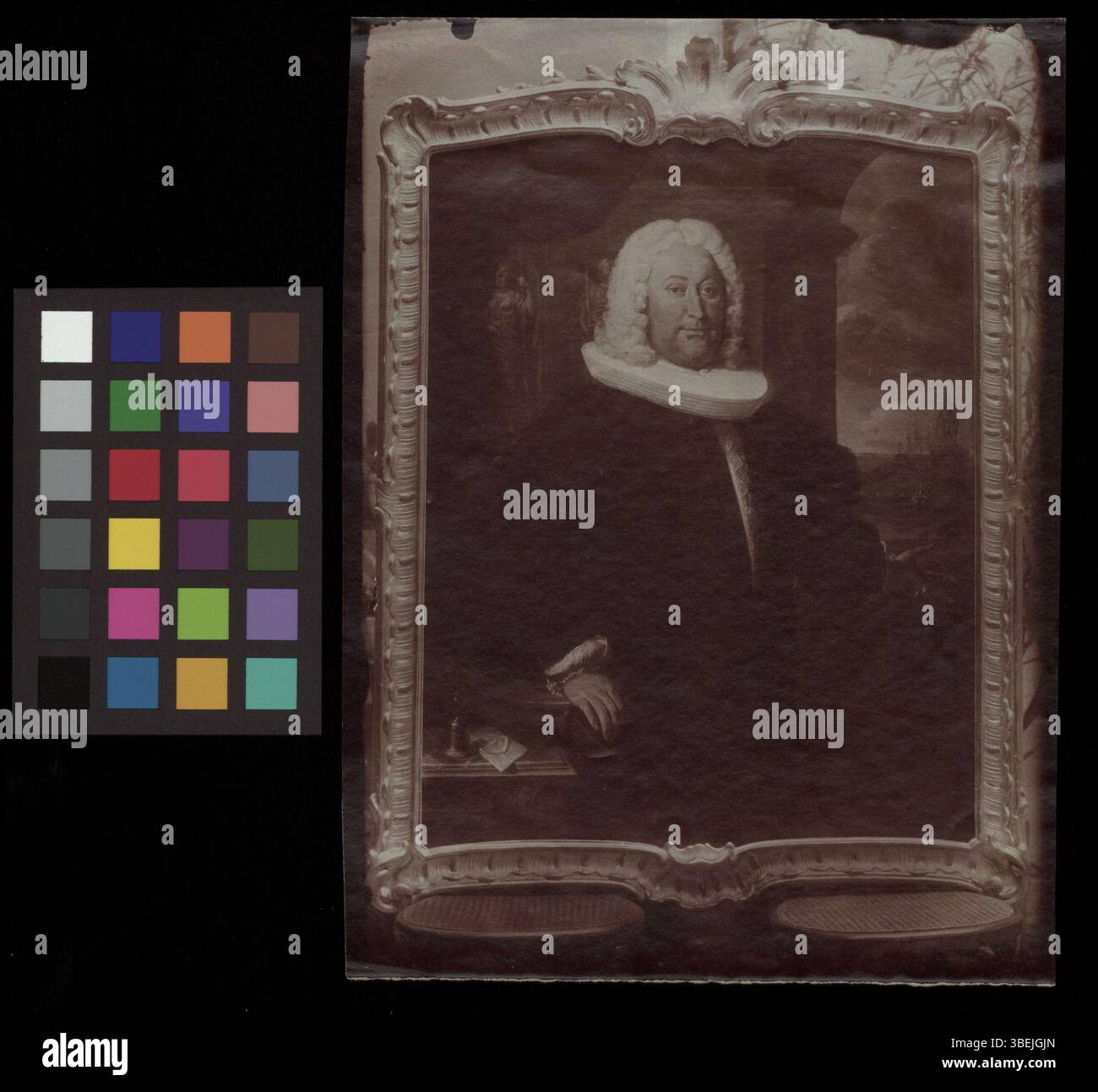Questa fotografia in bianco e nero tra il 1700 e il 1799 riproduce un ritratto di Samuel Merian. L'immagine è una riproduzione fotografica di un dipinto precedente, che rappresenta gli stili di arte visiva del XVIII secolo. Foto Stock