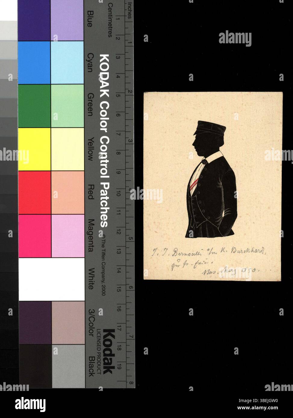 Questo ritratto d'ombra di Johann Jacob Bernoulli del 1850 è in bianco e nero con sottili accenti rossi. Segue lo stile della silhouette, enfatizzando il profilo e la semplicità, tipici delle rappresentazioni artistiche della metà del XIX secolo. Foto Stock