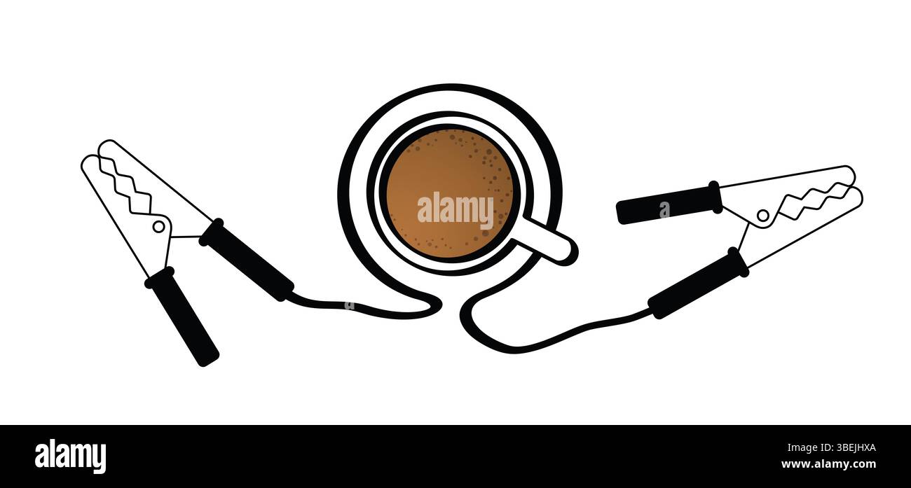 Tazza di tempo di offee. Regalati energia extra oggi stesso. Cavo per avviamento di emergenza o cavo per auto. Icona del cavo ausiliario. Poli più e meno. Potenziometro ponticello batteria Foto Stock