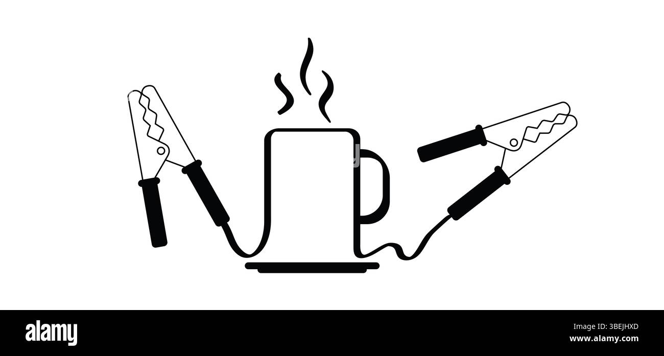 Tazza di tempo di offee. Regalati energia extra oggi stesso. Cavo per avviamento di emergenza o cavo per auto. Icona del cavo ausiliario. Poli più e meno. Potenziometro ponticello batteria Foto Stock