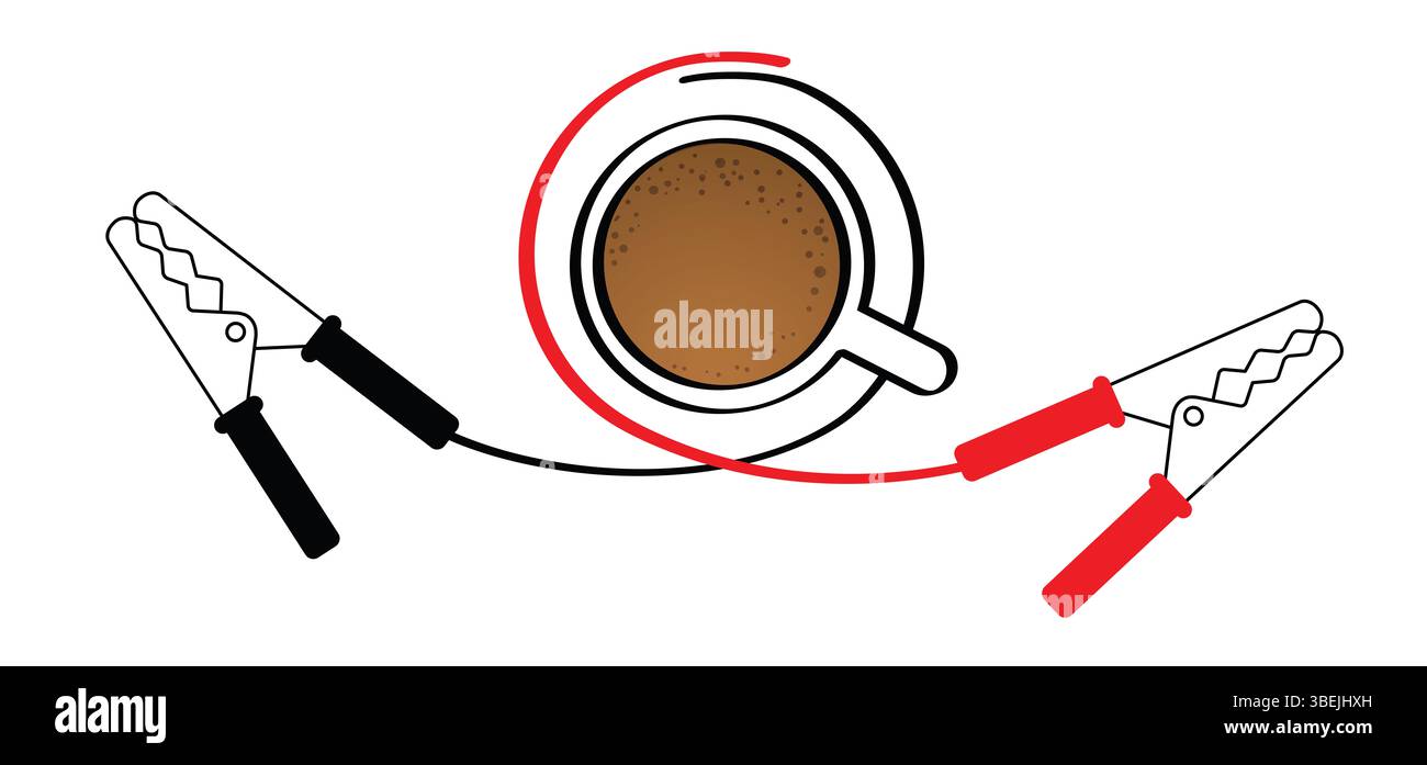 Tazza di tempo di offee. Regalati energia extra oggi stesso. Cavo per avviamento di emergenza o cavo per auto. Icona del cavo ausiliario. Poli più e meno. Potenziometro ponticello batteria Foto Stock