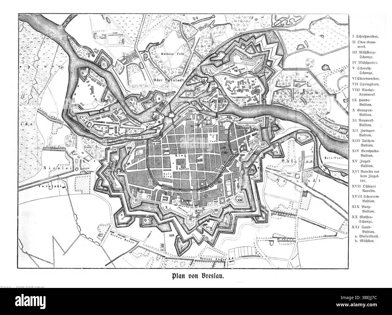 Questa illustrazione di Gustav Höcker, creata nel 1907, rappresenta l'assedio di Breslavia (ora Breslavia, Polonia) da parte della Confederazione del Reno durante le guerre napoleoniche. L'immagine evidenzia le fortificazioni militari e le strutture difensive della città. Include un elenco di queste fortificazioni, numerate da i a XXI, che fornisce un resoconto storico dell'assedio. Foto Stock