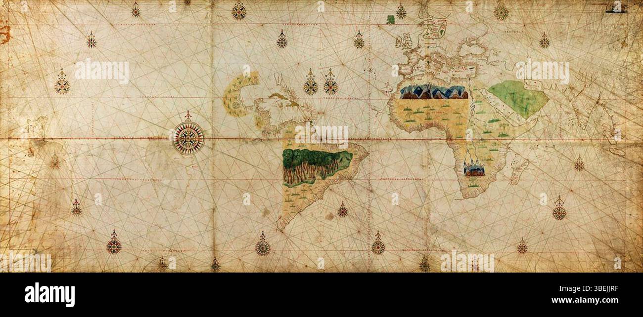 La "Geocarta Nautica universale", nota anche come Mappa di Torino del 1523, è attribuita a Giovanni/Juan Vespucci. Questa mappa del mondo, basata sulla mappa standard reale spagnola, è la prima a registrare l'intera estensione dell'Oceano Pacifico e i risultati della spedizione di Magellano. Foto Stock