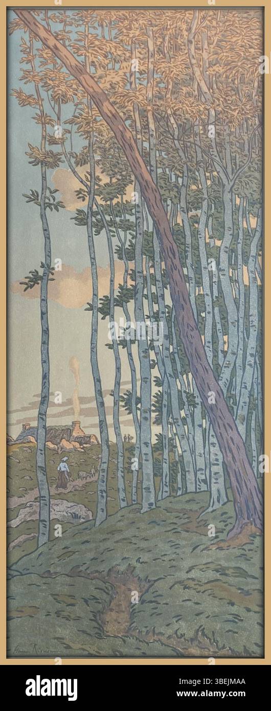 Les derniers rayons è una litografia del 1902 di Henri Rivière in formato verticale 60 x 24 cm da la Féerie des heures, raffigurante la luce finale del giorno. Foto Stock