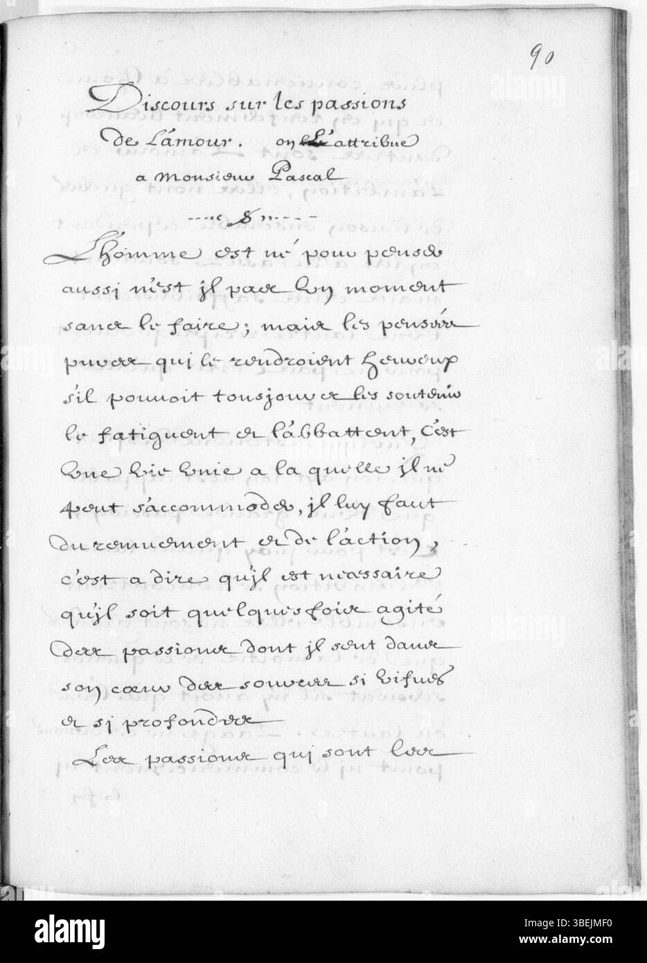 Questo manoscritto del XVIII secolo, attribuito a Blaise Pascal, contiene i suoi famosi scritti filosofici e scientifici. Il manoscritto è un esempio storico dei contributi di Pascal alla filosofia e alla scienza, conservati in formato pergamena. Foto Stock