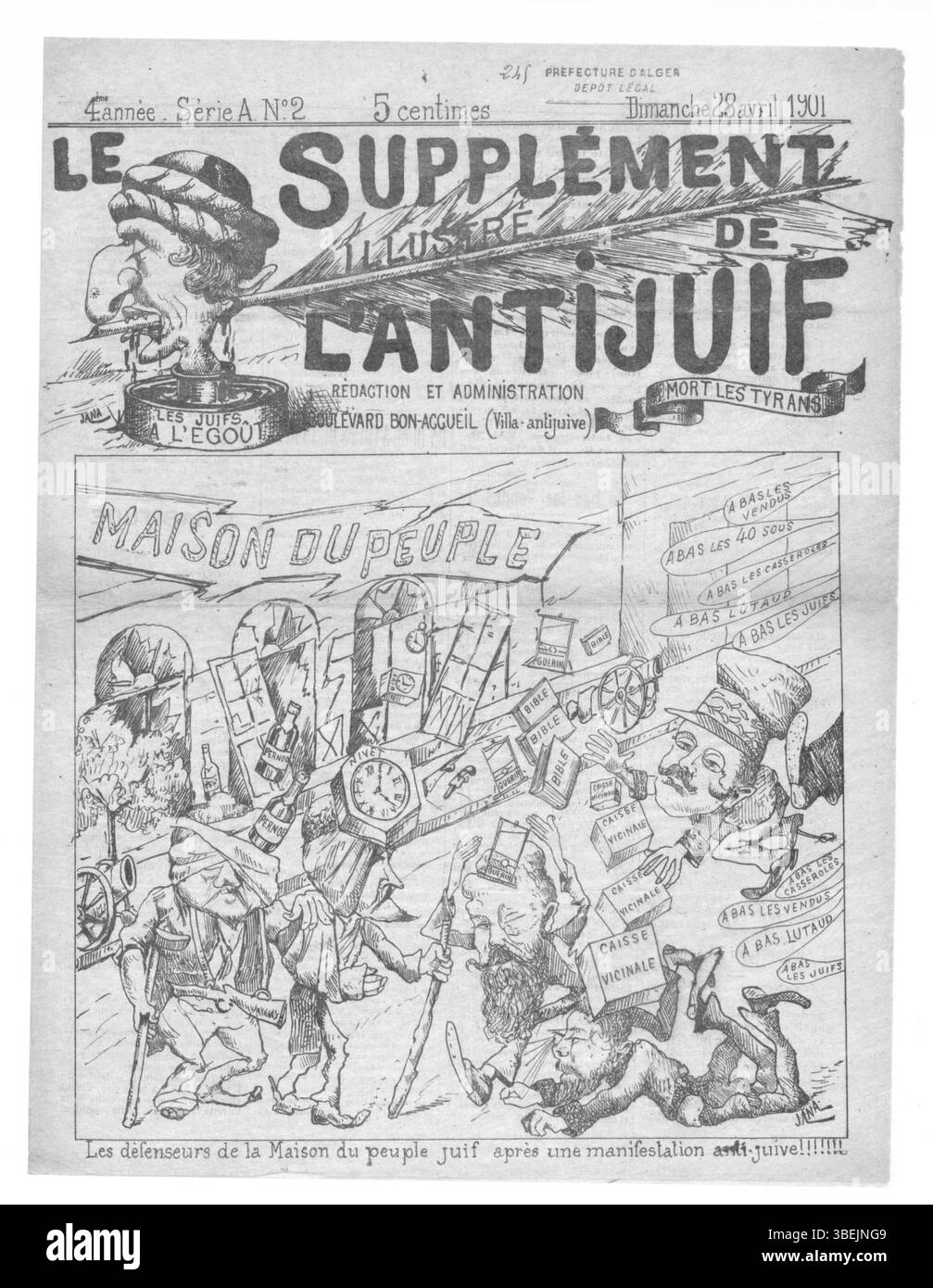 Pubblicato il 28 aprile 1901, questo supplemento illustrato di "l'Antijuif algérien" rappresenta il contenuto dei media antisemiti coloniali francesi. Foto Stock