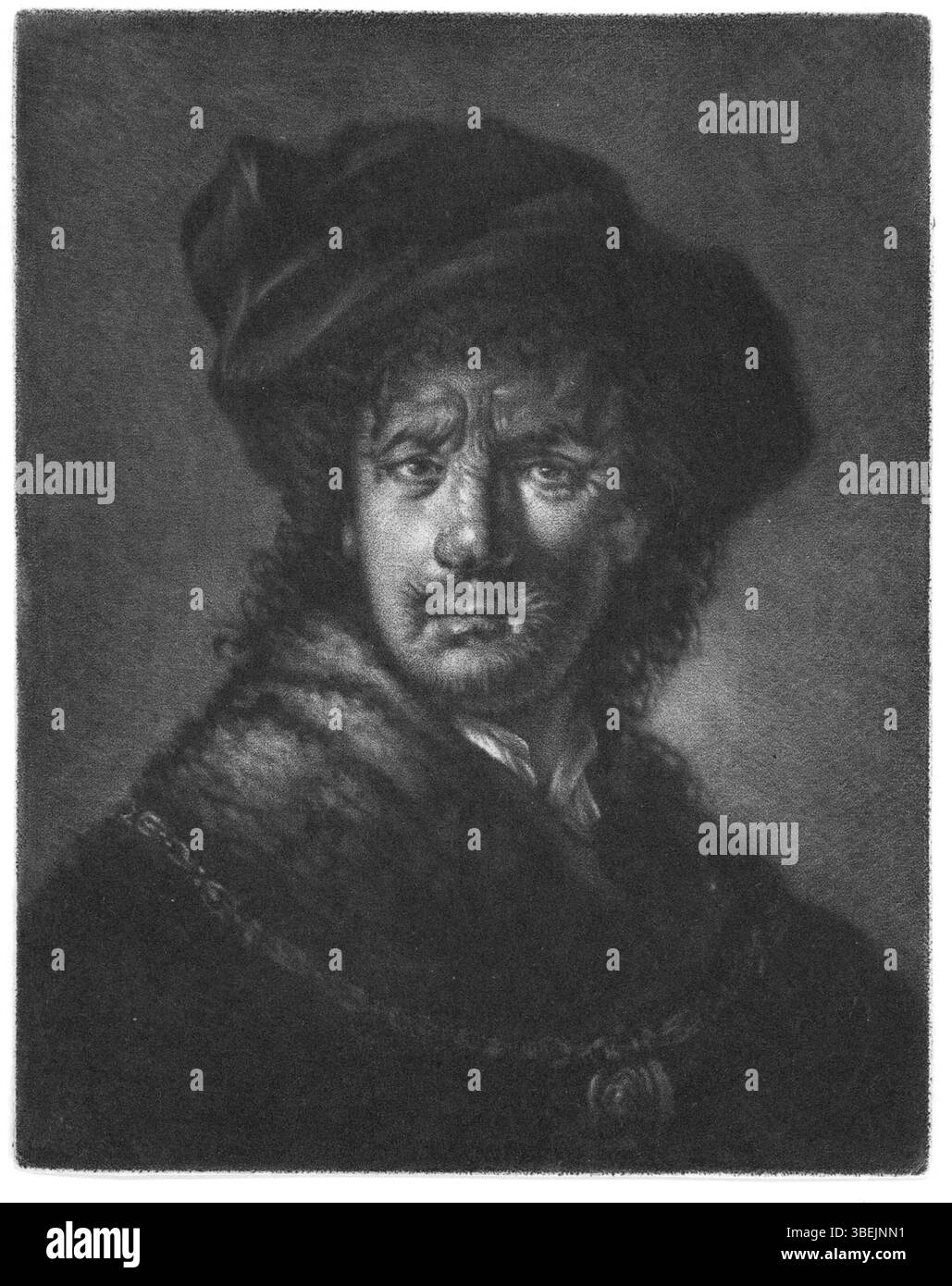 Una tronie di Jan Stolker, raffigurante un giovane con un grande berretto, che guarda e guarda direttamente lo spettatore. Questa opera, parte della serie incisa di Rembrandt, risale tra il 1700 e il 1785. Foto Stock