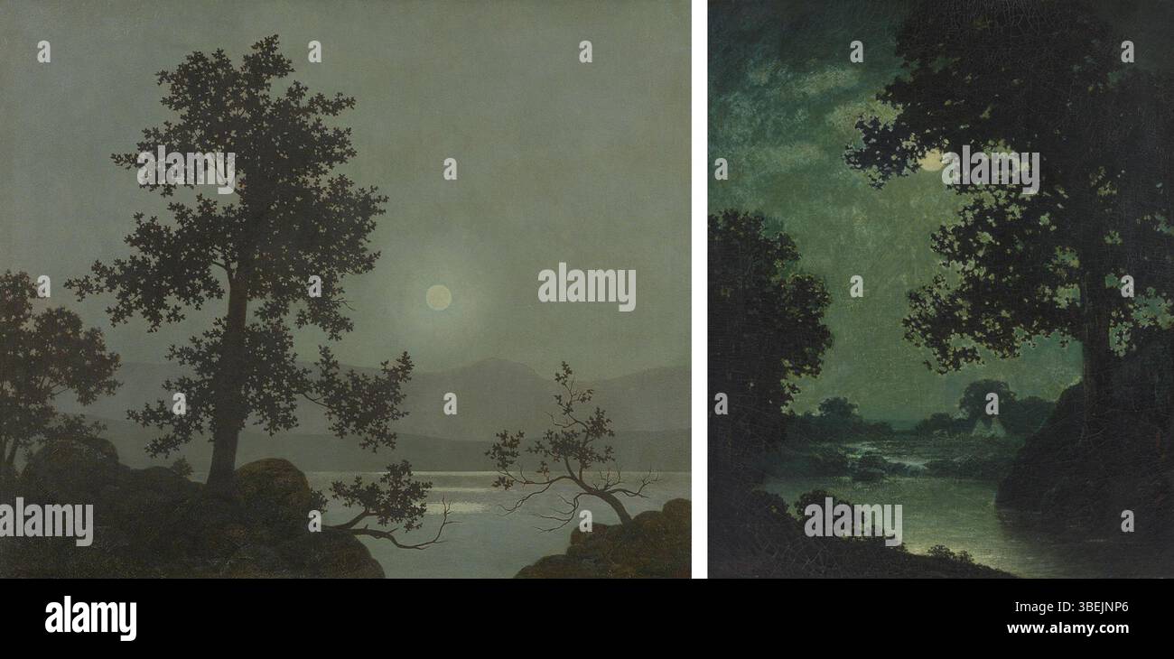 Il dipinto 'Twilight' di Harry Watrous (c. 1918-1923) mostra una luce soffusa su un paesaggio, influenzato dall'opera del suo amico Ralph Blakelock 'Moonlight' (1888). I due pezzi riflettono temi di luce e solitudine in natura. Foto Stock