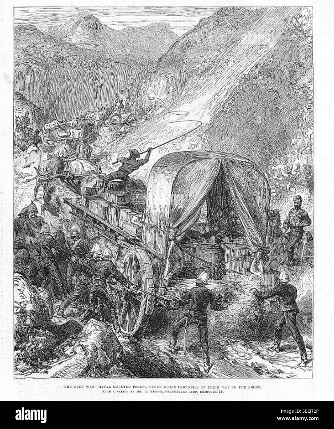 La Natal Mounted Police, raffigurata in questa illustrazione del 1879, si stava muovendo verso le prime linee durante la guerra Zulu. L'immagine cattura un momento nel conflitto del 1879 mentre le forze di polizia avanzavano per impegnarsi in battaglia. Foto Stock