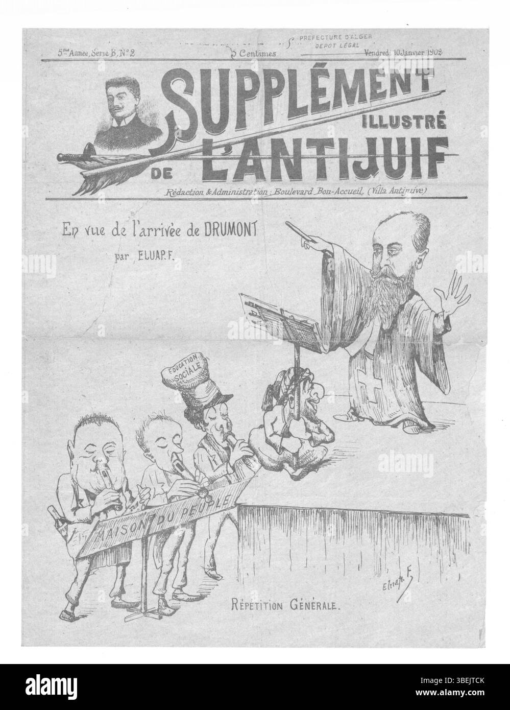 Questo supplemento illustrato, pubblicato il 10 gennaio 1902, esplora la questione dell'antisemitismo in Algeria, con particolare attenzione alle dinamiche razziali e sociali durante il periodo coloniale. Foto Stock