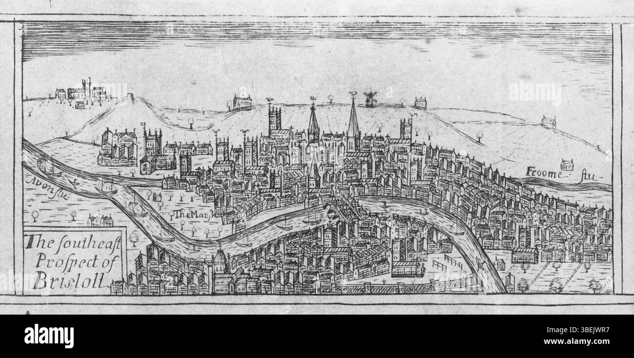 Una rappresentazione del XVII secolo di Bristol da sud-est, riprodotta nell'edizione del 1728 della mappa di Millerd. Offre una vista panoramica dell'architettura e della disposizione della città all'epoca. Foto Stock