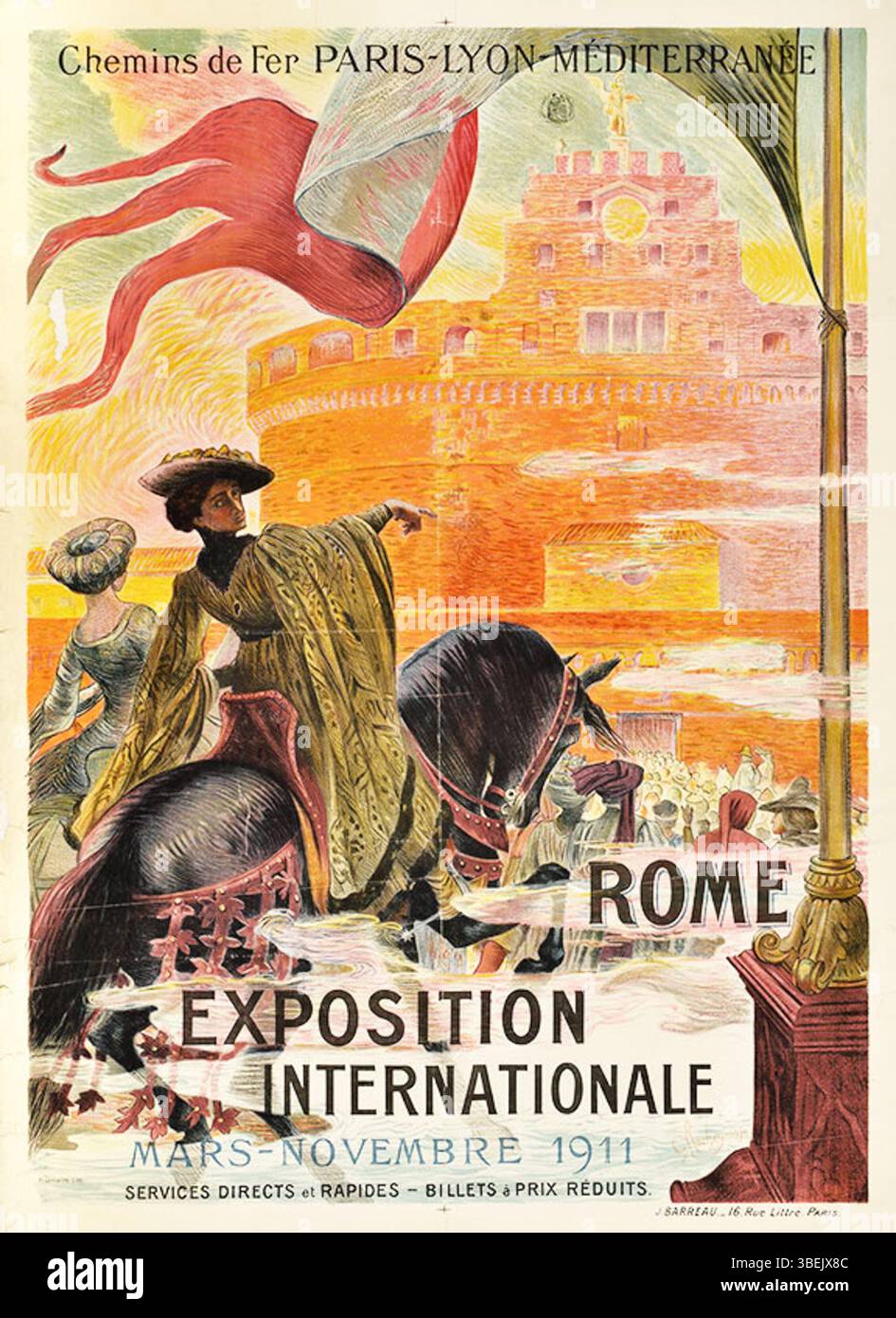 Un poster del 1911 disegnato da Georges Rochegrosse per l'esposizione internazionale di Roma, che promuove la Chemin de Fer Parigi - Lione - Méditerranée. L'opera d'arte presenta una grafica audace e colorata tipica del design dell'inizio del XX secolo, che celebra il significato dell'evento nei trasporti e nelle mostre internazionali. Foto Stock